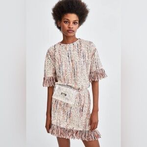 Zara Beige Tweed W/ Fringe Hem Mini Dress Sz M